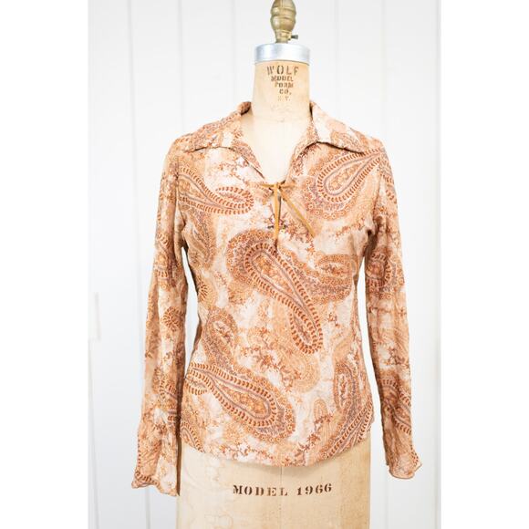 Vintage Y2K Boho Blouse M, Brown Cream Paisley Sheer Lace-Up V-Neck Hippie Shirt - Picture 2 of 13